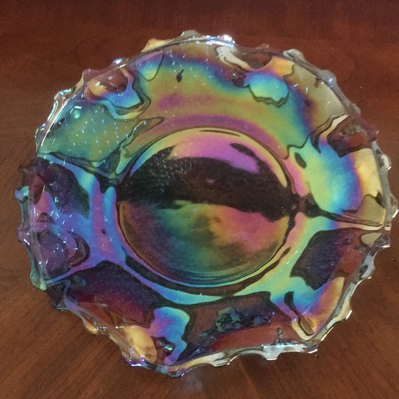 Vintage Indiana Glass Blue Iridescent Diamond Point Ruffled Trim Hostess Plate - Picture 6 of 13